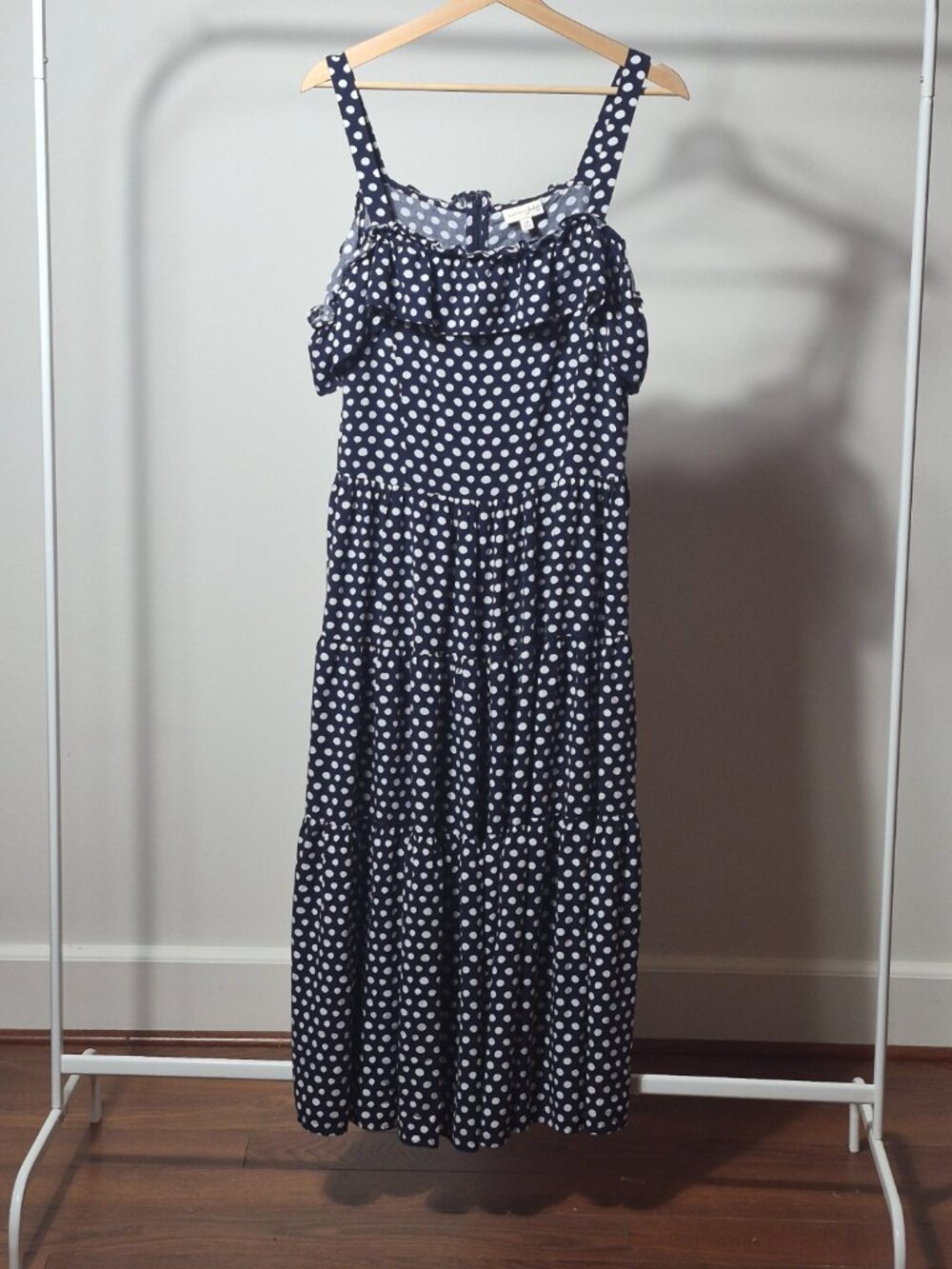 Maison Jules Maxi Dress Womens 12 Polka Dot Cold Shoulder Ruffle Tiered Navy